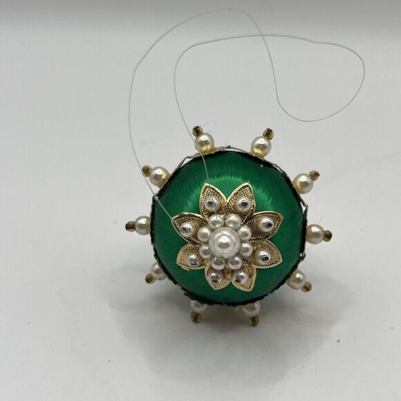 Vintage Handmade Jeweled Beaded Push Pin Green/Gold Pearl Christmas Ornament 3” - Picture 5 of 8